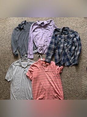 Mixed Men's Tops Lot - Coral Polo, Gray Polo, Plaid & Solid Shirts